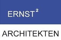 Logo mit blauem Quadrat und weißem Schriftzug „ERNST²“ über dem Wort „ARCHITEKTEN“.